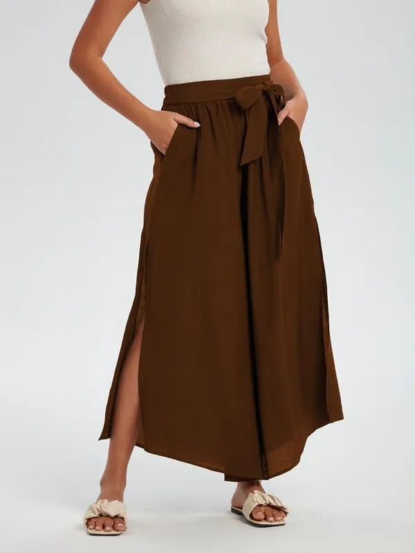 Les umes Womens Wide Leg Pants High Waist Side Split Flowy Palazzo Pants Belted Loose Beach Casual Crop Trousers with Pockets
