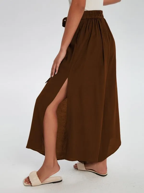 Les umes Womens Wide Leg Pants High Waist Side Split Flowy Palazzo Pants Belted Loose Beach Casual Crop Trousers with Pockets
