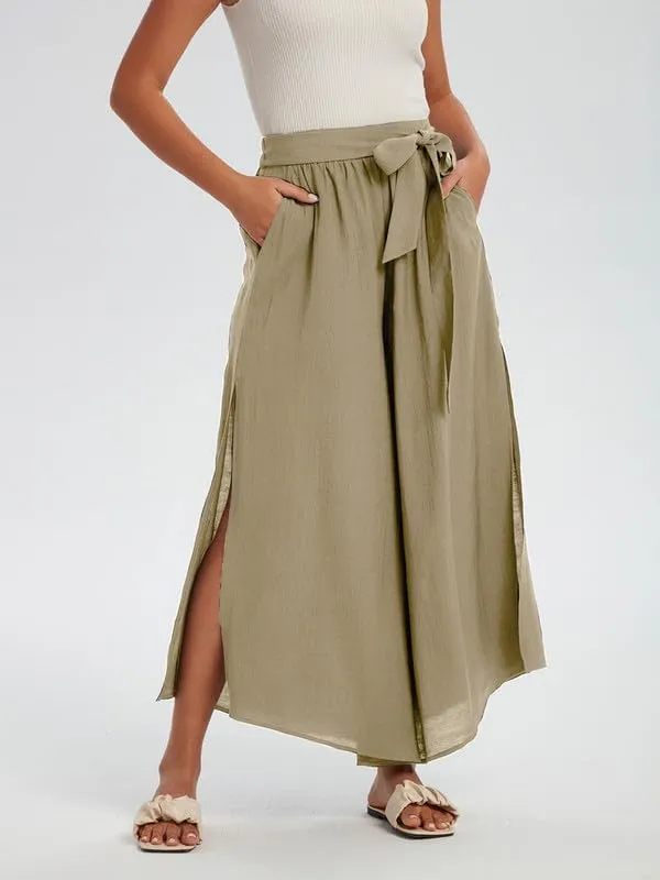 Les umes Womens Wide Leg Pants High Waist Side Split Flowy Palazzo Pants Belted Loose Beach Casual Crop Trousers with Pockets