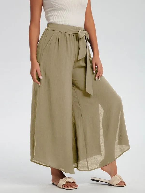Les umes Womens Wide Leg Pants High Waist Side Split Flowy Palazzo Pants Belted Loose Beach Casual Crop Trousers with Pockets
