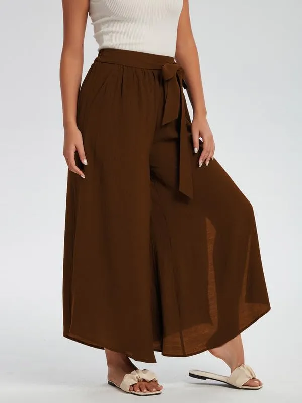 Les umes Womens Wide Leg Pants High Waist Side Split Flowy Palazzo Pants Belted Loose Beach Casual Crop Trousers with Pockets