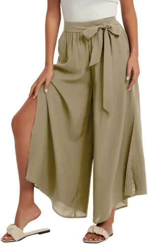 Les umes Womens Wide Leg Pants High Waist Side Split Flowy Palazzo Pants Belted Loose Beach Casual Crop Trousers with Pockets