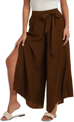 Les umes Womens Wide Leg Pants High Waist Side Split Flowy Palazzo Pants Belted Loose Beach Casual Crop Trousers with Pockets