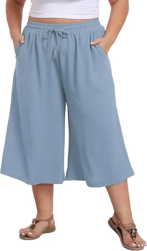 LIGHTBACK Women's Plus Size Wide Leg Capri Pants Loose Lounge Cropped Culottes Summer Casual Palazzo Pants with Pockets