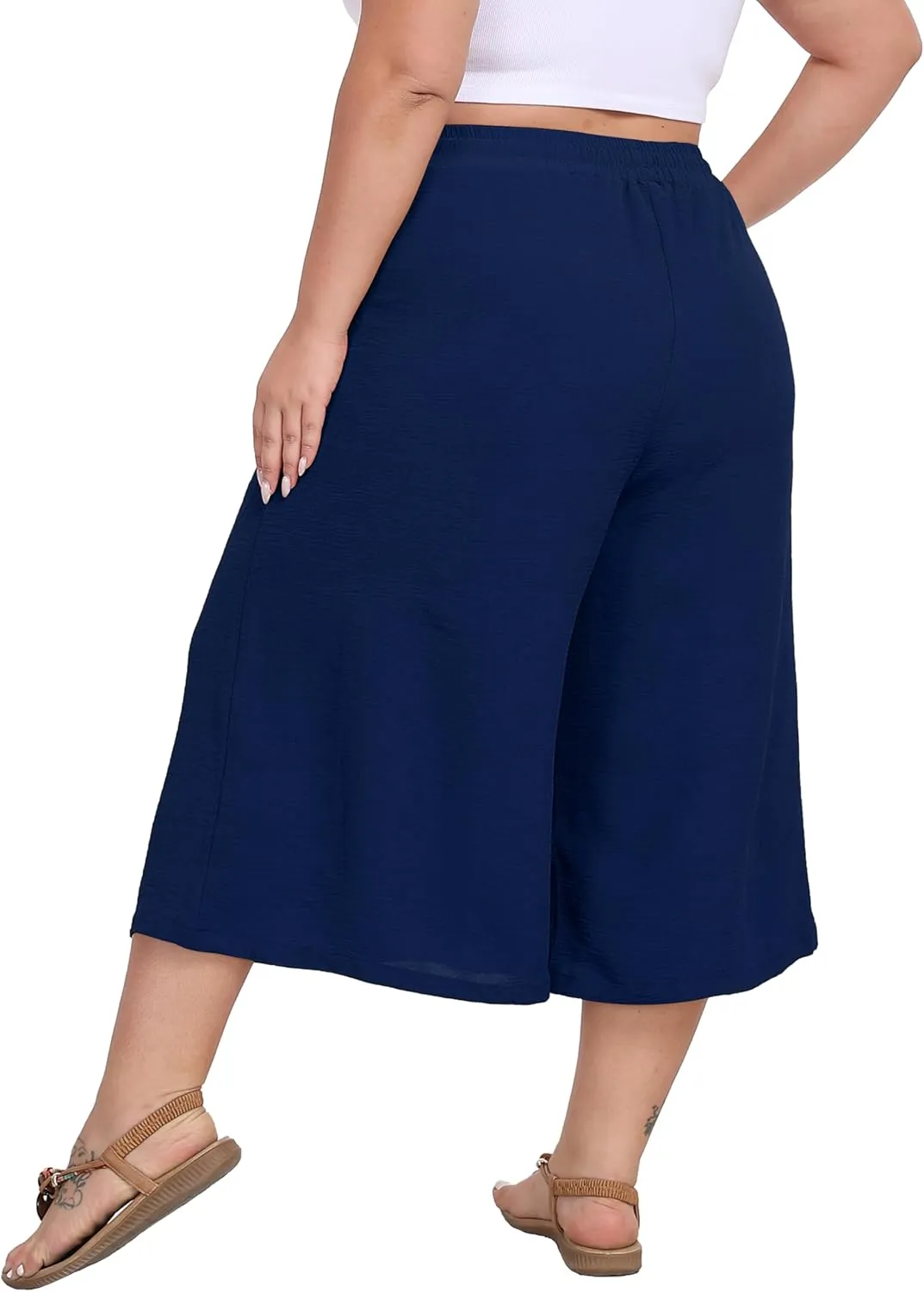 LIGHTBACK Women's Plus Size Wide Leg Capri Pants Loose Lounge Cropped Culottes Summer Casual Palazzo Pants with Pockets