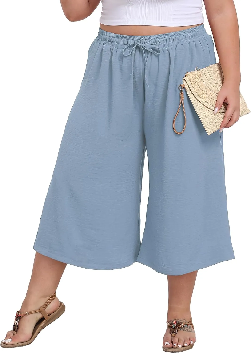 LIGHTBACK Women's Plus Size Wide Leg Capri Pants Loose Lounge Cropped Culottes Summer Casual Palazzo Pants with Pockets