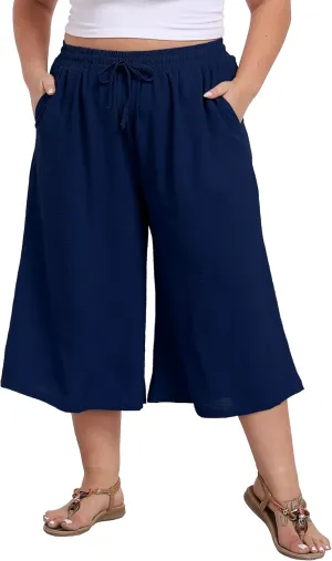 LIGHTBACK Women's Plus Size Wide Leg Capri Pants Loose Lounge Cropped Culottes Summer Casual Palazzo Pants with Pockets