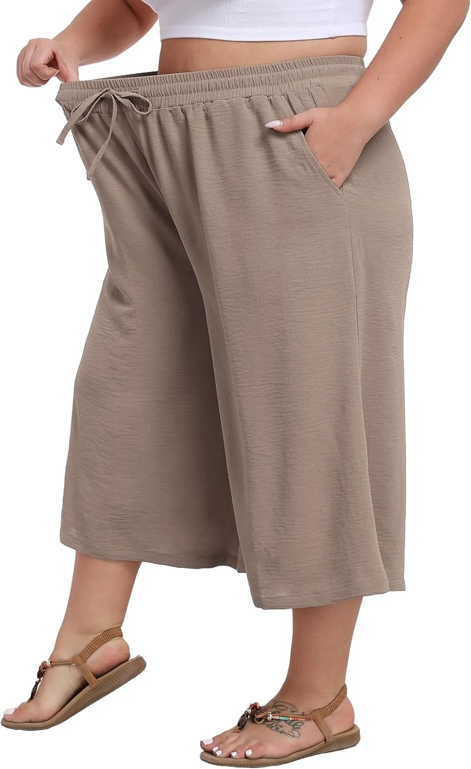 LIGHTBACK Women's Plus Size Wide Leg Capri Pants Loose Lounge Cropped Culottes Summer Casual Palazzo Pants with Pockets