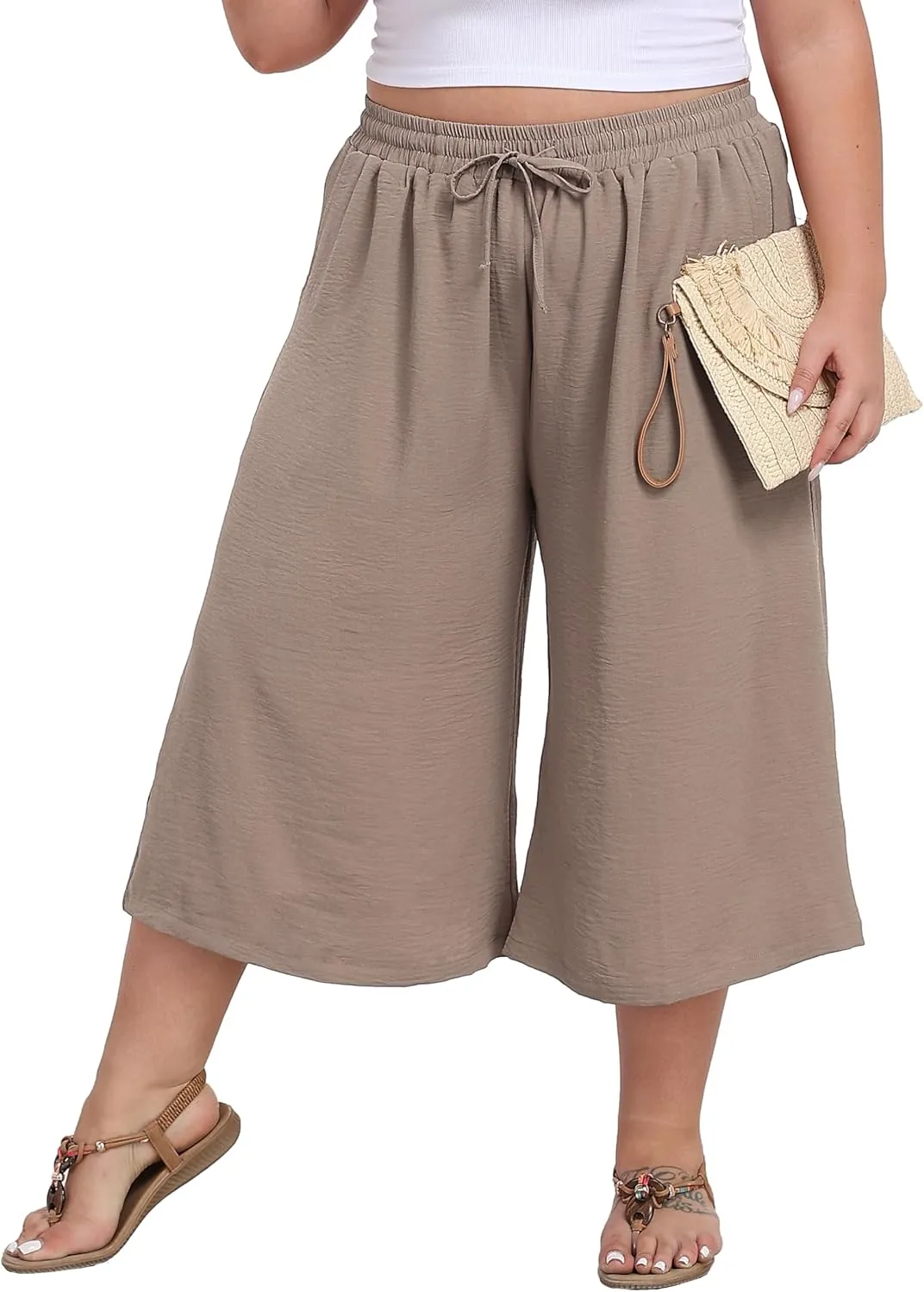 LIGHTBACK Women's Plus Size Wide Leg Capri Pants Loose Lounge Cropped Culottes Summer Casual Palazzo Pants with Pockets