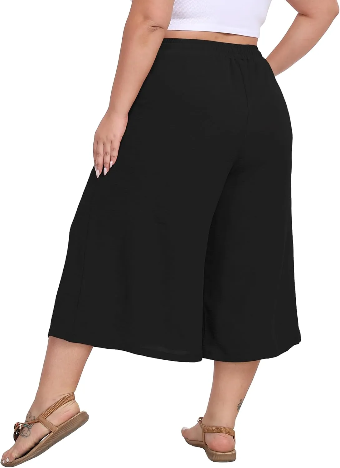 LIGHTBACK Women's Plus Size Wide Leg Capri Pants Loose Lounge Cropped Culottes Summer Casual Palazzo Pants with Pockets