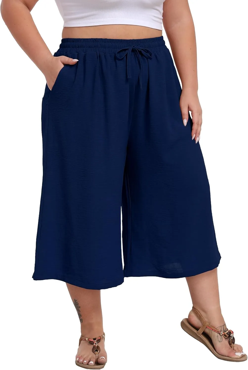 LIGHTBACK Women's Plus Size Wide Leg Capri Pants Loose Lounge Cropped Culottes Summer Casual Palazzo Pants with Pockets