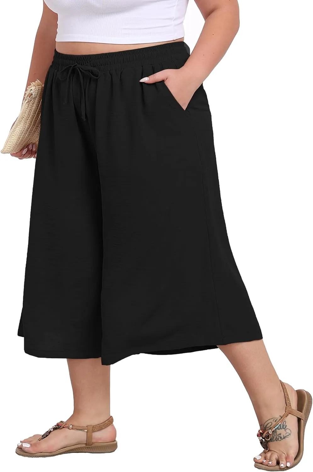 LIGHTBACK Women's Plus Size Wide Leg Capri Pants Loose Lounge Cropped Culottes Summer Casual Palazzo Pants with Pockets