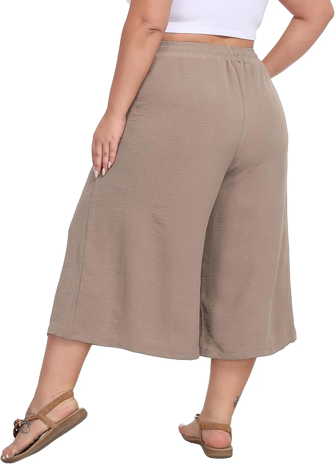 LIGHTBACK Women's Plus Size Wide Leg Capri Pants Loose Lounge Cropped Culottes Summer Casual Palazzo Pants with Pockets