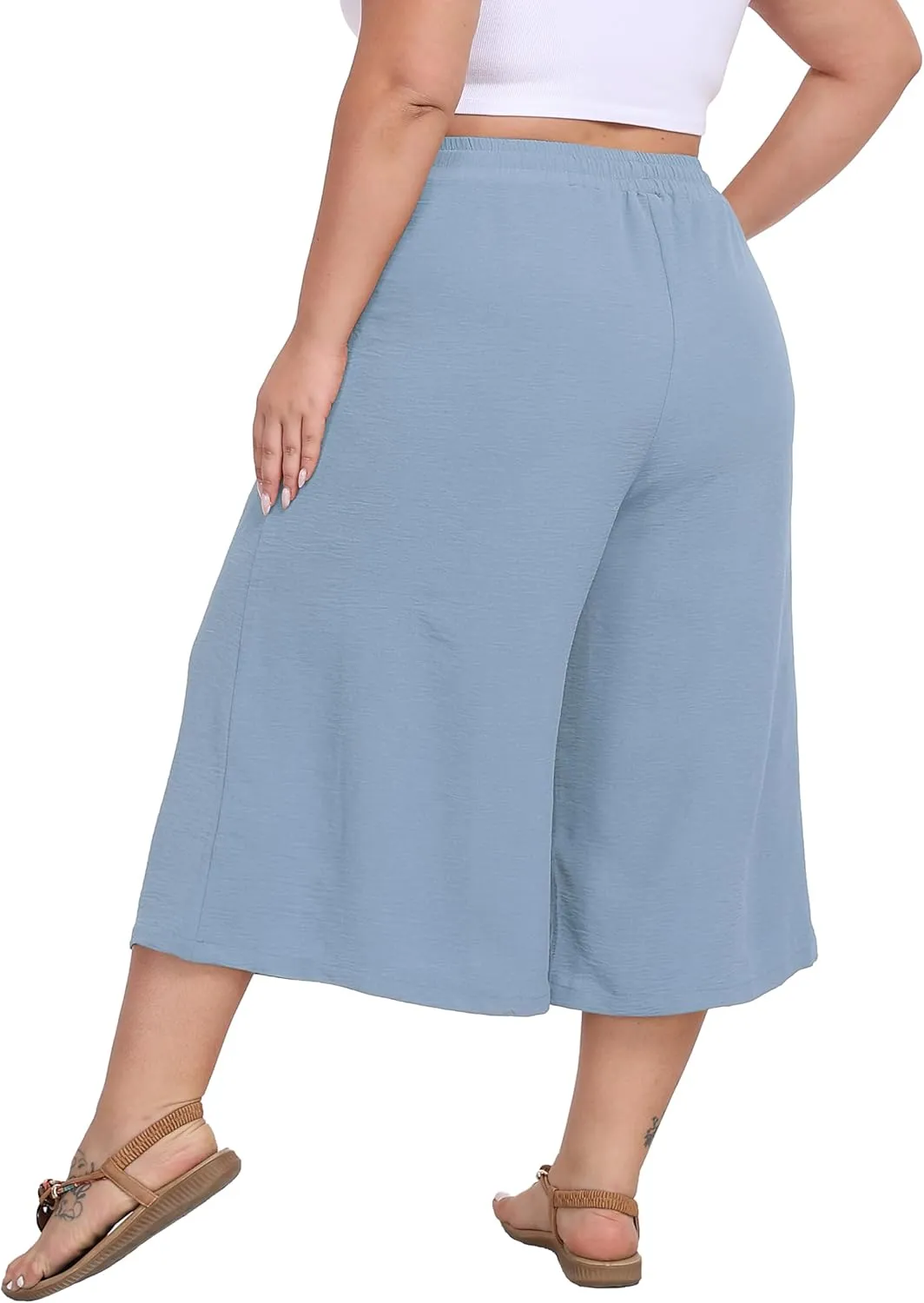 LIGHTBACK Women's Plus Size Wide Leg Capri Pants Loose Lounge Cropped Culottes Summer Casual Palazzo Pants with Pockets