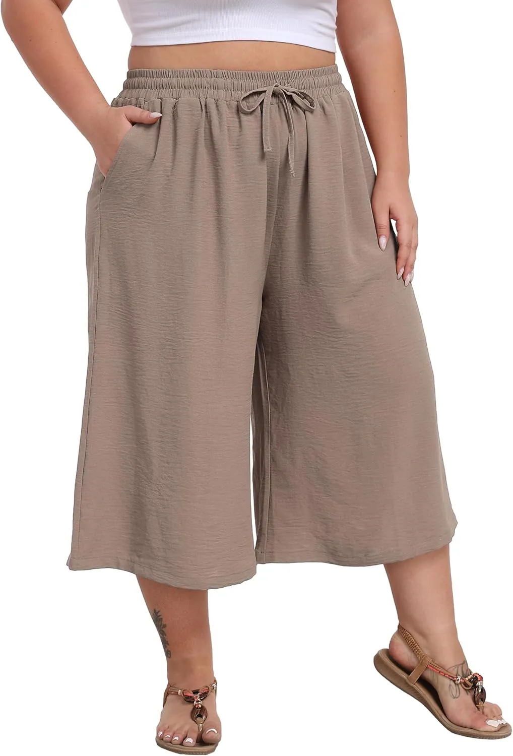 LIGHTBACK Women's Plus Size Wide Leg Capri Pants Loose Lounge Cropped Culottes Summer Casual Palazzo Pants with Pockets