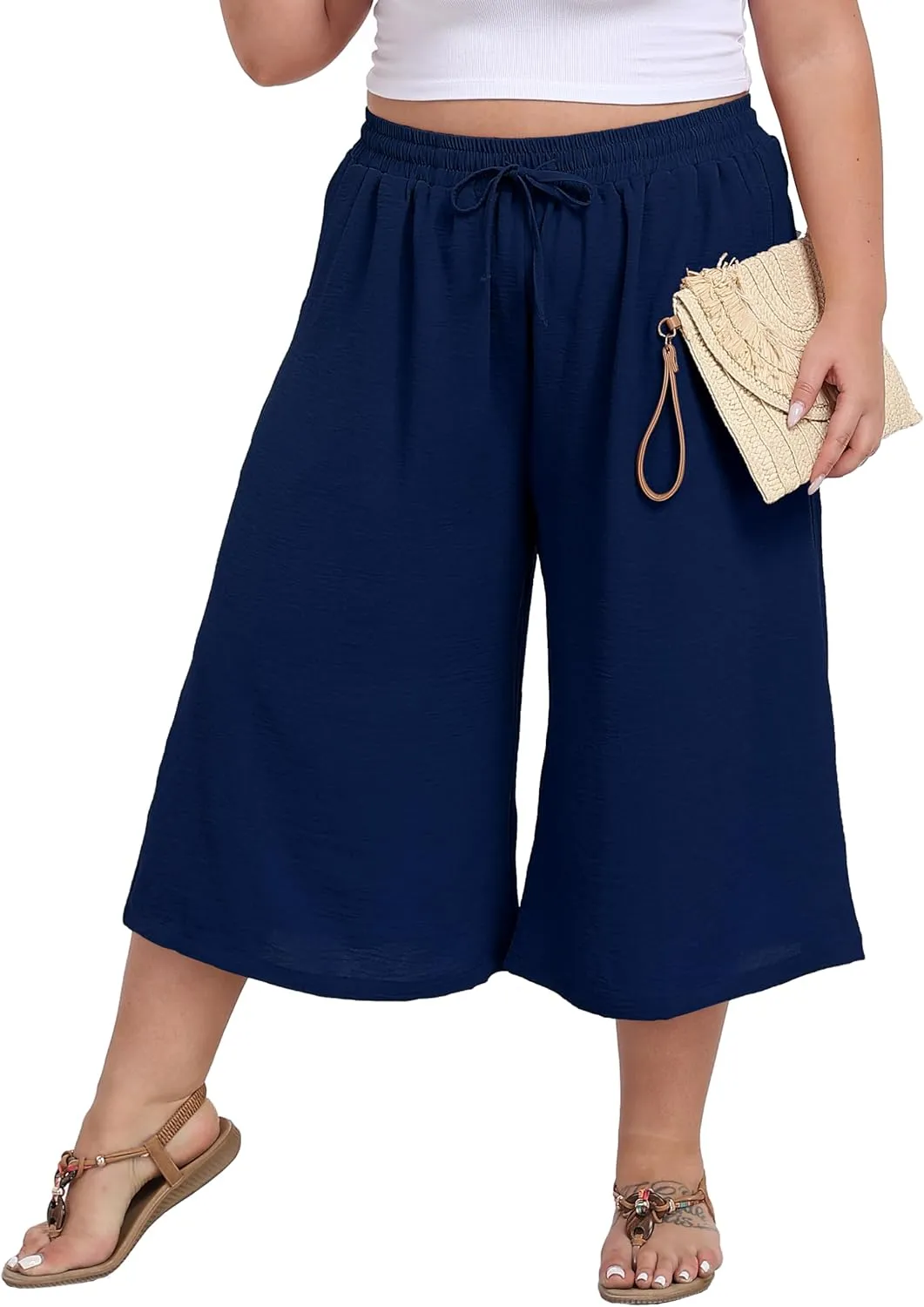 LIGHTBACK Women's Plus Size Wide Leg Capri Pants Loose Lounge Cropped Culottes Summer Casual Palazzo Pants with Pockets