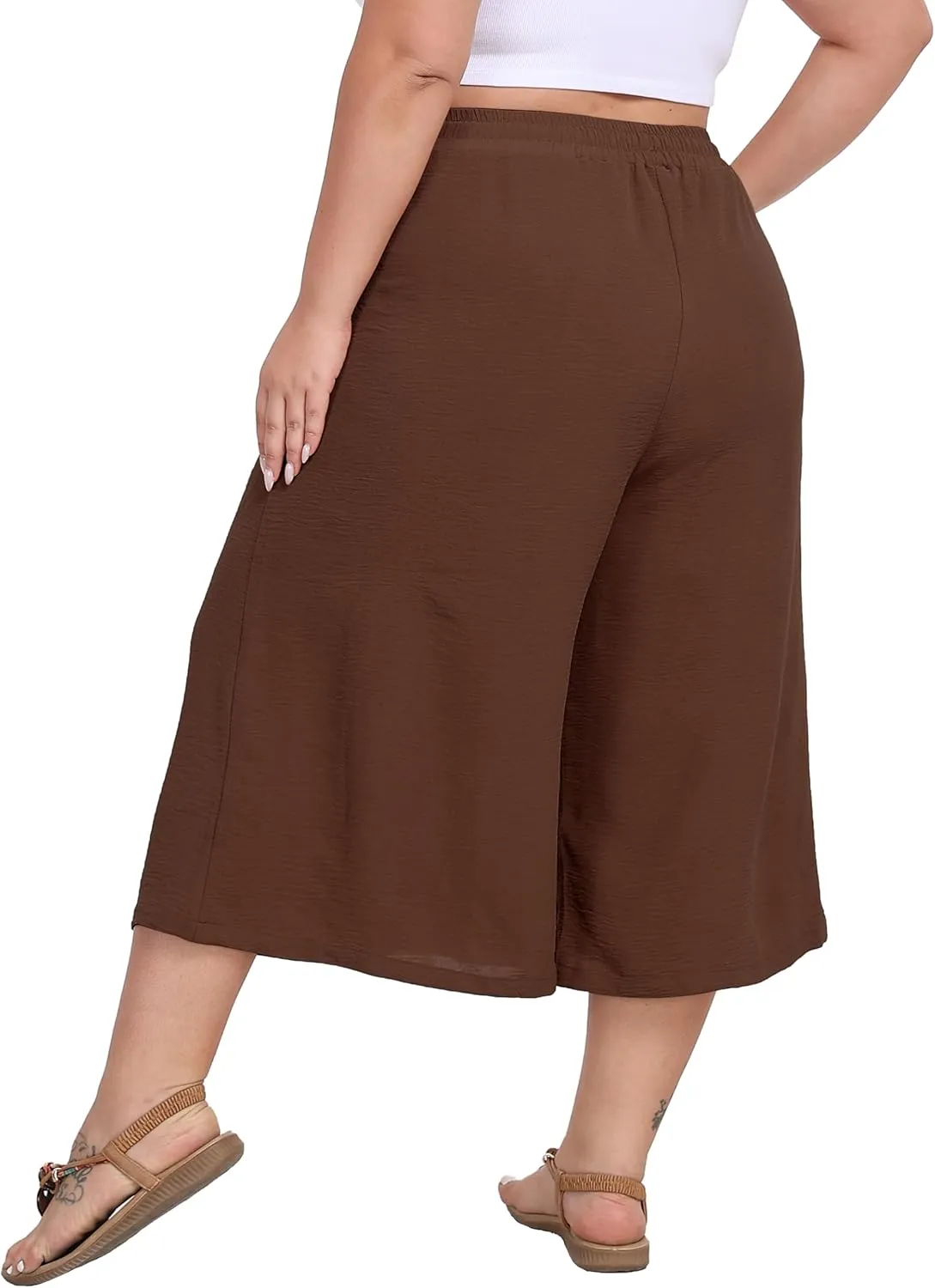 LIGHTBACK Women's Plus Size Wide Leg Capri Pants Loose Lounge Cropped Culottes Summer Casual Palazzo Pants with Pockets