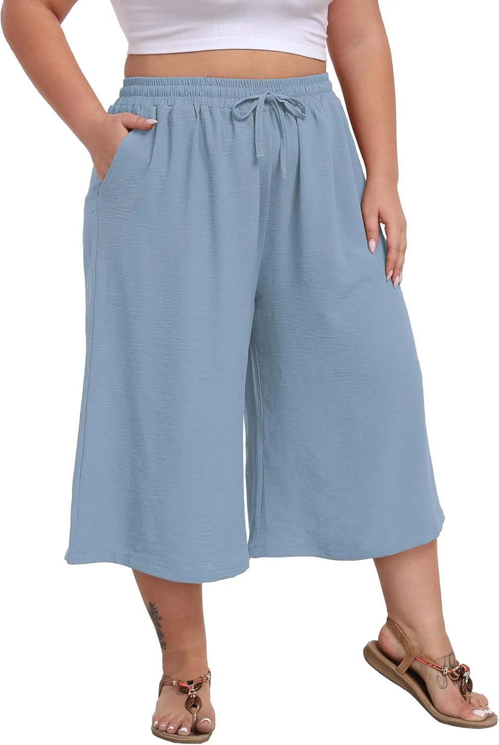 LIGHTBACK Women's Plus Size Wide Leg Capri Pants Loose Lounge Cropped Culottes Summer Casual Palazzo Pants with Pockets