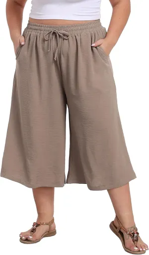 LIGHTBACK Women's Plus Size Wide Leg Capri Pants Loose Lounge Cropped Culottes Summer Casual Palazzo Pants with Pockets