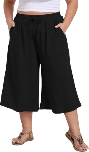 LIGHTBACK Women's Plus Size Wide Leg Capri Pants Loose Lounge Cropped Culottes Summer Casual Palazzo Pants with Pockets