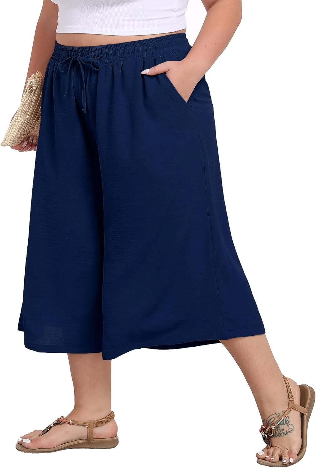 LIGHTBACK Women's Plus Size Wide Leg Capri Pants Loose Lounge Cropped Culottes Summer Casual Palazzo Pants with Pockets