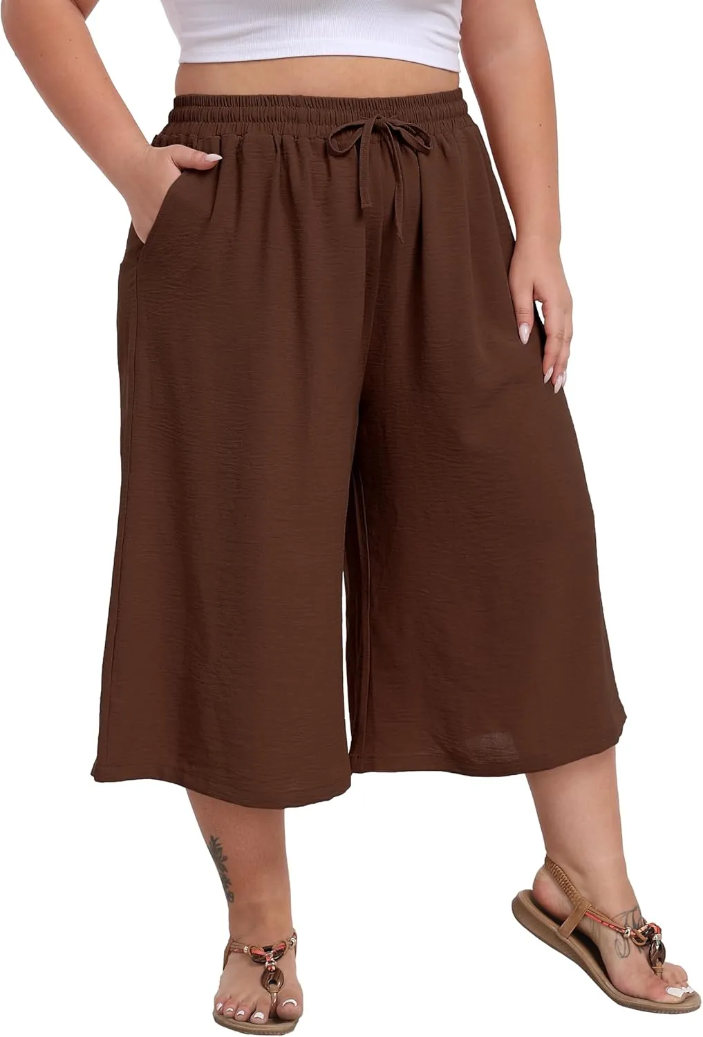 LIGHTBACK Women's Plus Size Wide Leg Capri Pants Loose Lounge Cropped Culottes Summer Casual Palazzo Pants with Pockets