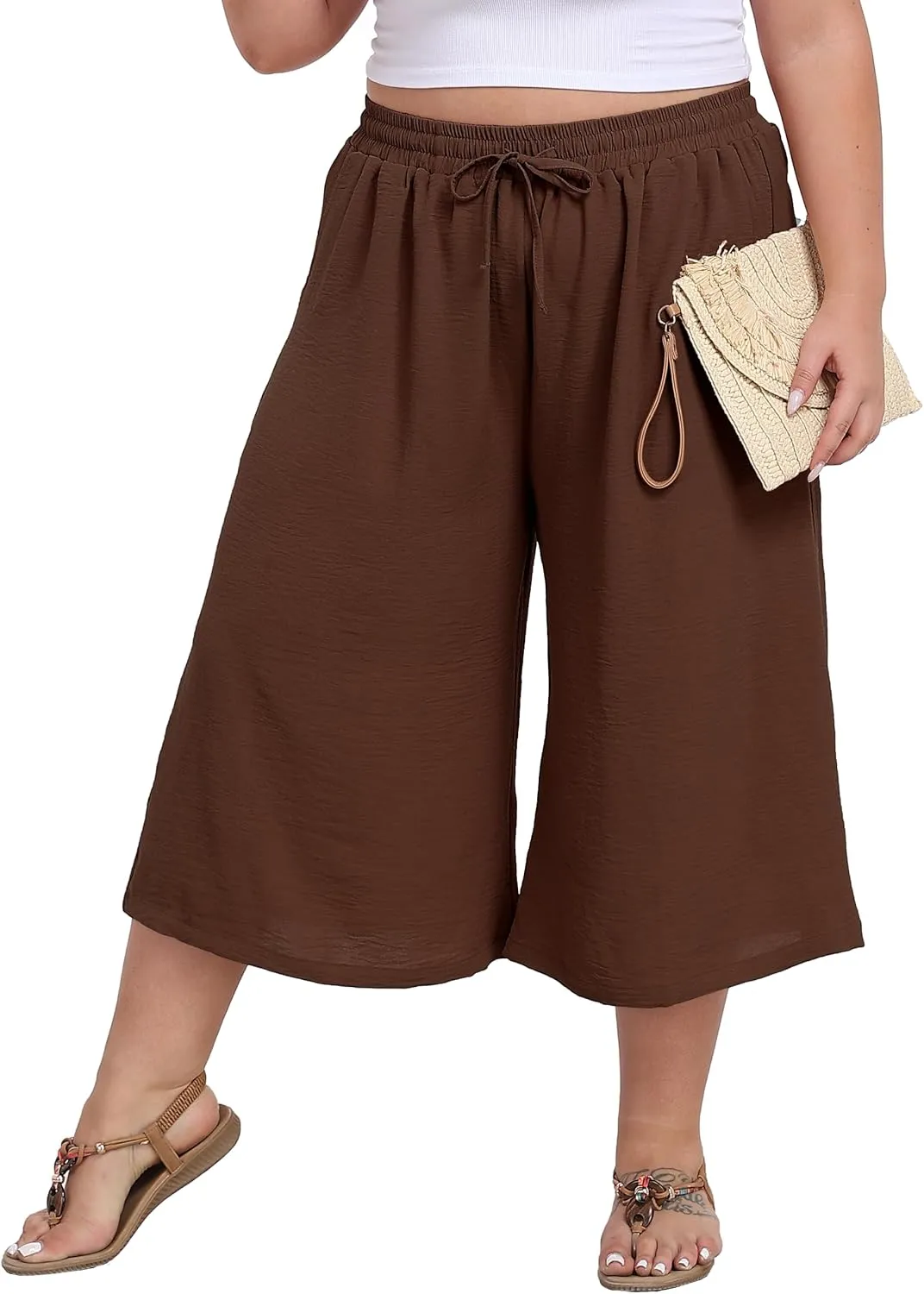 LIGHTBACK Women's Plus Size Wide Leg Capri Pants Loose Lounge Cropped Culottes Summer Casual Palazzo Pants with Pockets