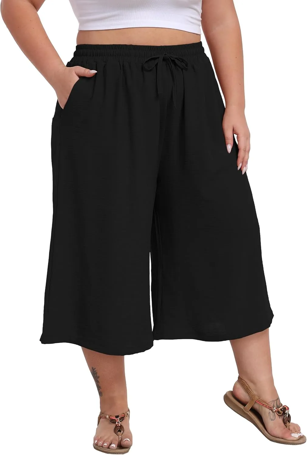 LIGHTBACK Women's Plus Size Wide Leg Capri Pants Loose Lounge Cropped Culottes Summer Casual Palazzo Pants with Pockets