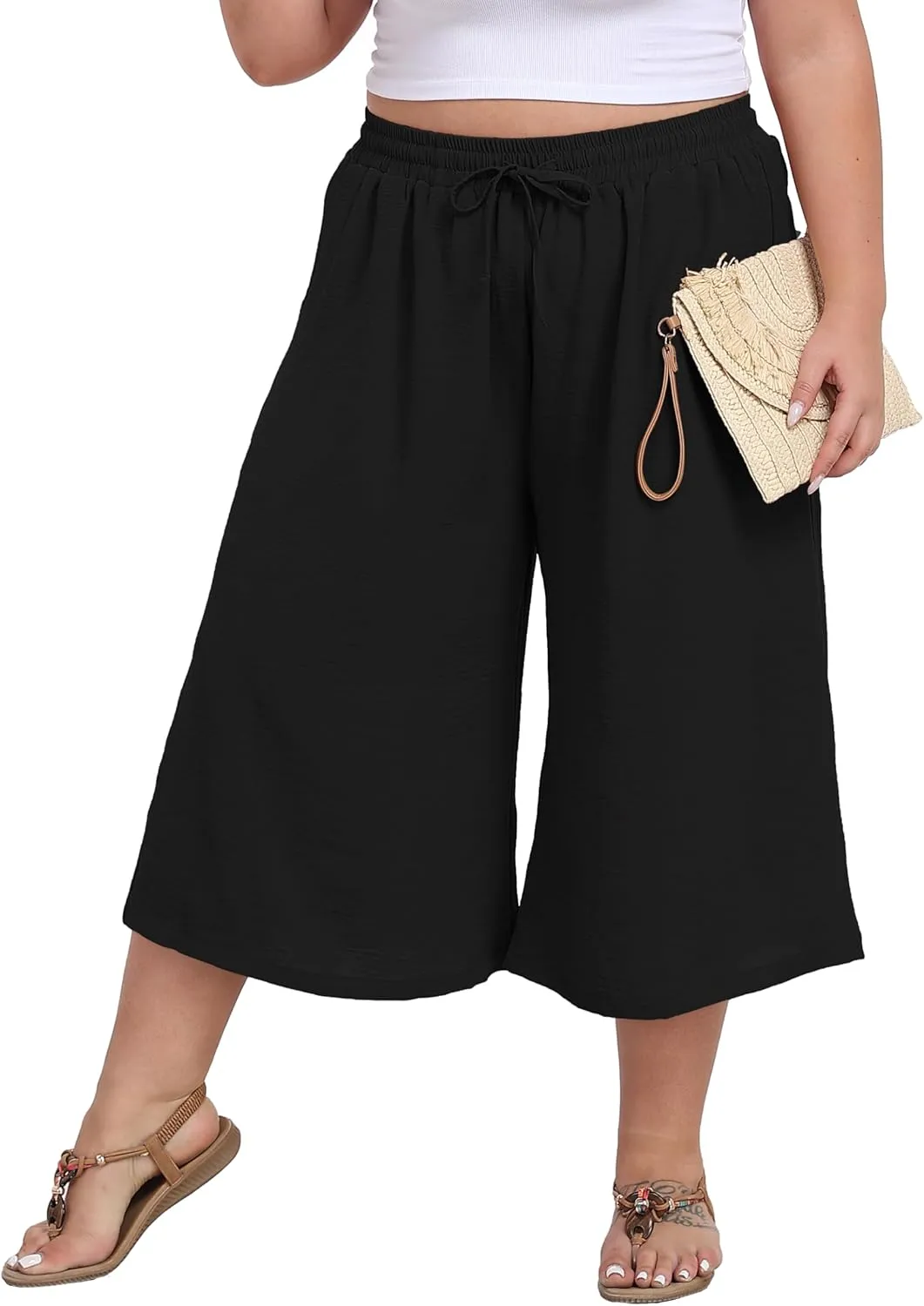 LIGHTBACK Women's Plus Size Wide Leg Capri Pants Loose Lounge Cropped Culottes Summer Casual Palazzo Pants with Pockets