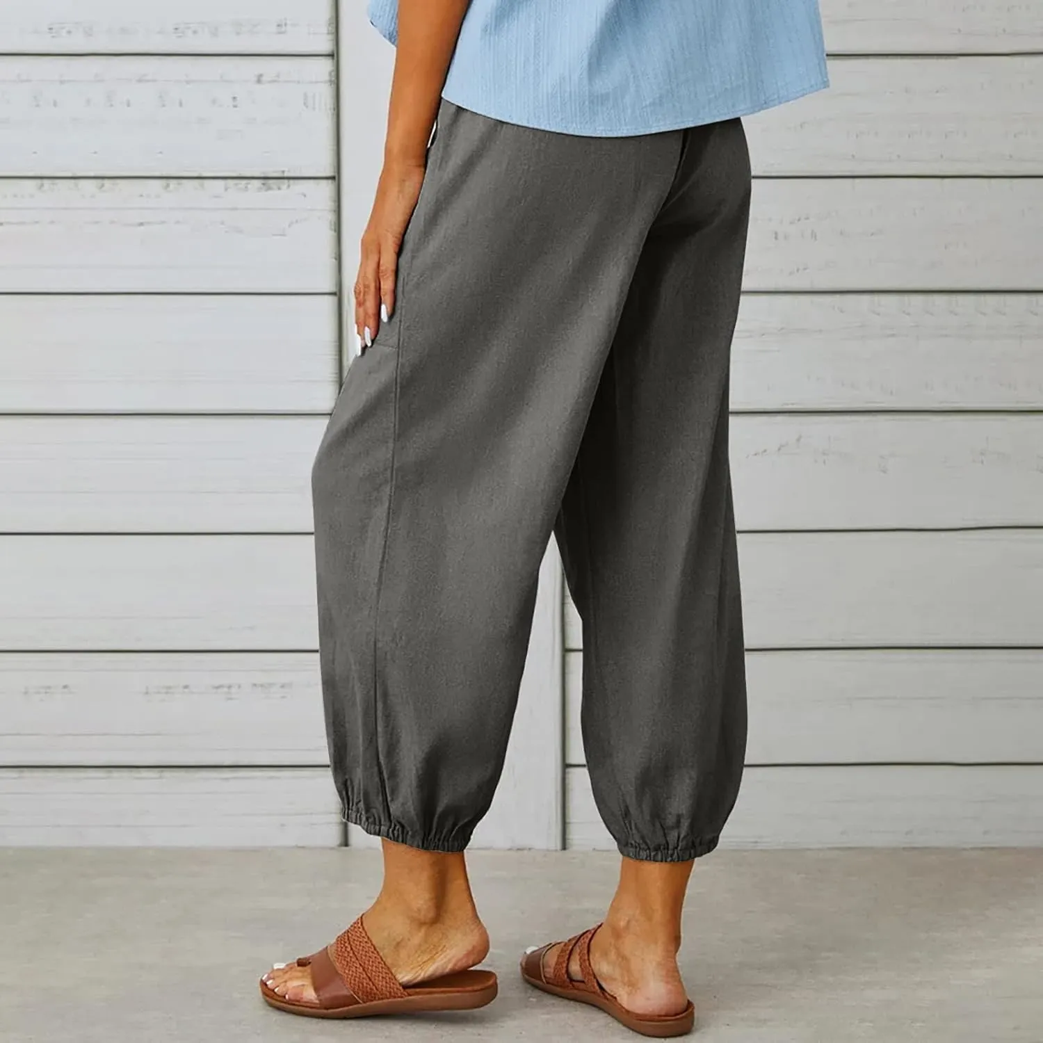 Lightweight Casual Summer Pants for Women Trendy Elastic High Waisted Cotton Linen Cropped Pant Trousers Loose Comfy