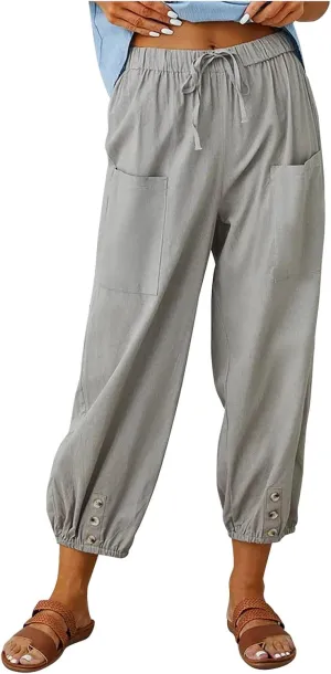 Lightweight Casual Summer Pants for Women Trendy Elastic High Waisted Cotton Linen Cropped Pant Trousers Loose Comfy