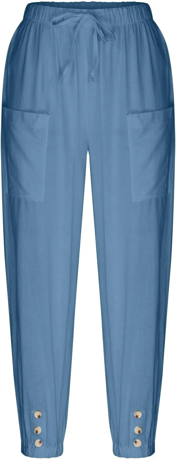 Lightweight Casual Summer Pants for Women Trendy Elastic High Waisted Cotton Linen Cropped Pant Trousers Loose Comfy