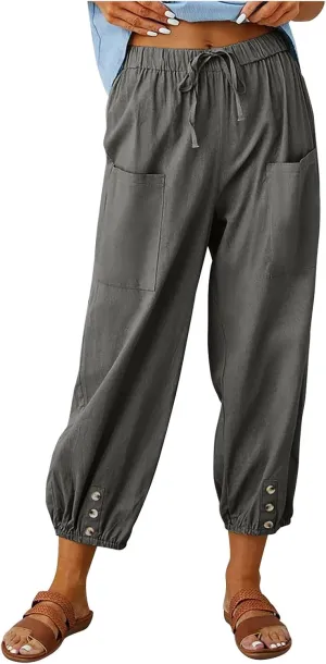 Lightweight Casual Summer Pants for Women Trendy Elastic High Waisted Cotton Linen Cropped Pant Trousers Loose Comfy