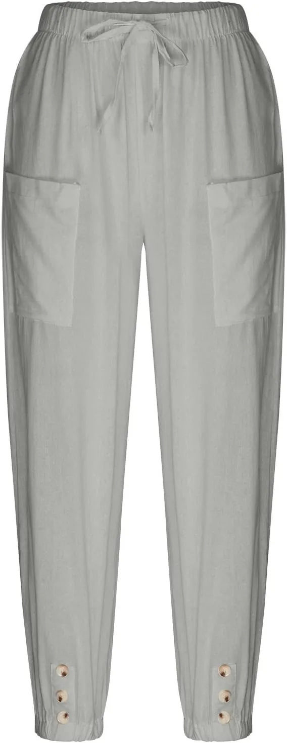 Lightweight Casual Summer Pants for Women Trendy Elastic High Waisted Cotton Linen Cropped Pant Trousers Loose Comfy