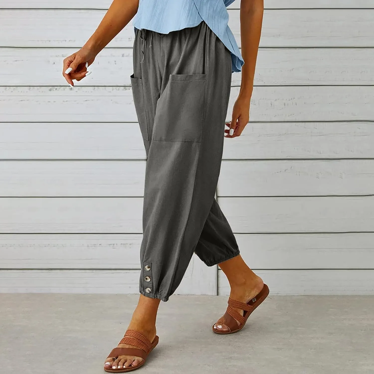 Lightweight Casual Summer Pants for Women Trendy Elastic High Waisted Cotton Linen Cropped Pant Trousers Loose Comfy