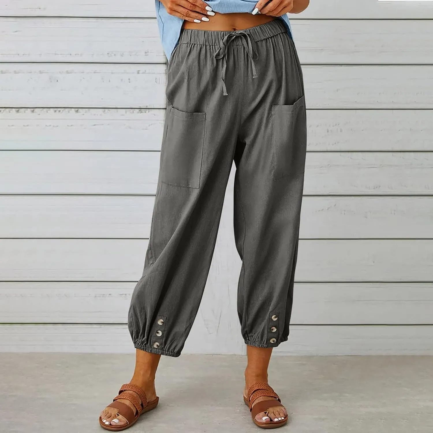 Lightweight Casual Summer Pants for Women Trendy Elastic High Waisted Cotton Linen Cropped Pant Trousers Loose Comfy