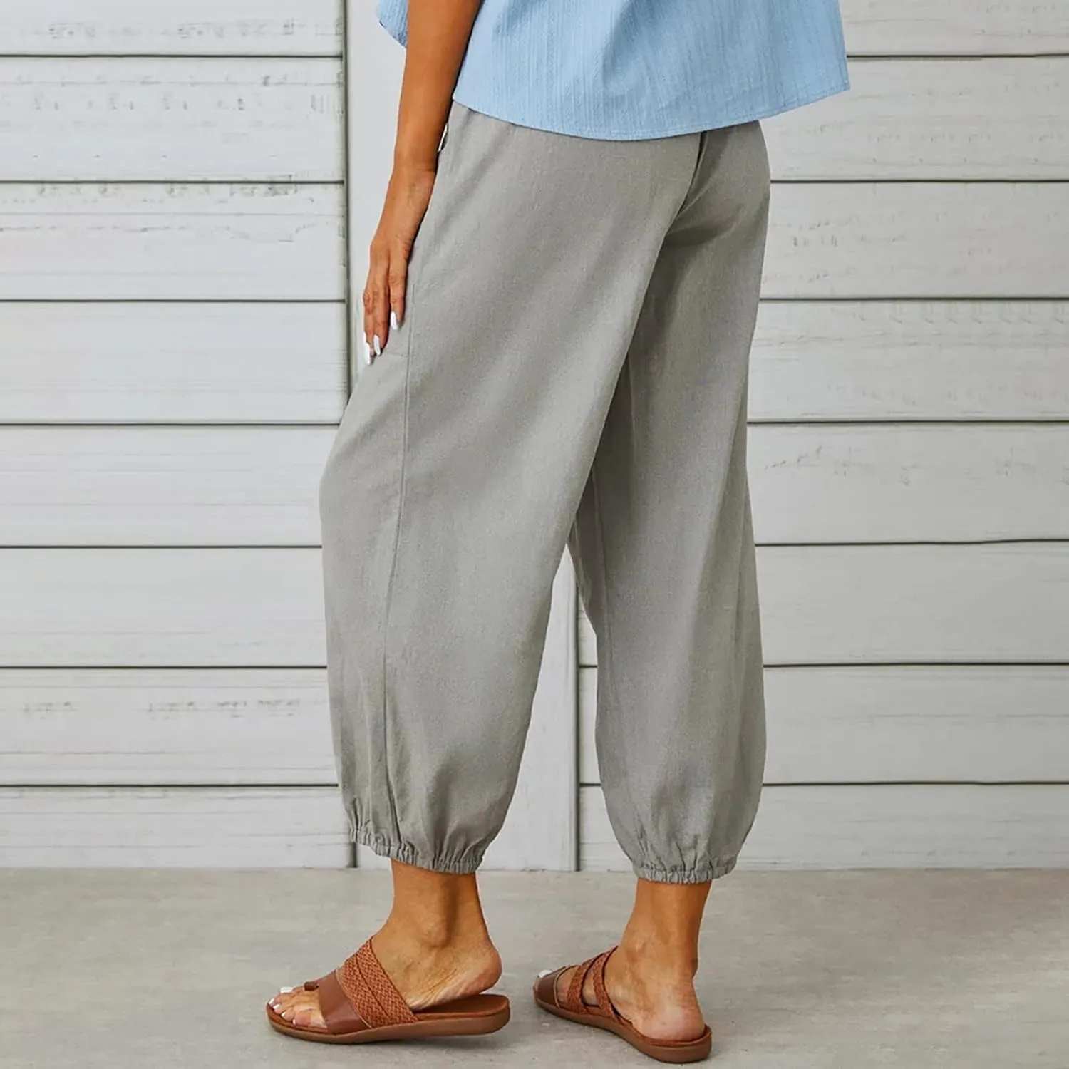 Lightweight Casual Summer Pants for Women Trendy Elastic High Waisted Cotton Linen Cropped Pant Trousers Loose Comfy