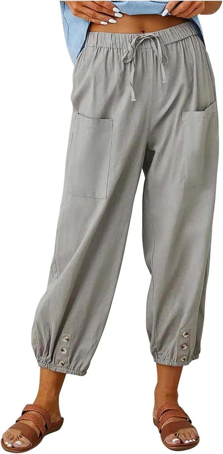 Lightweight Casual Summer Pants for Women Trendy Elastic High Waisted Cotton Linen Cropped Pant Trousers Loose Comfy