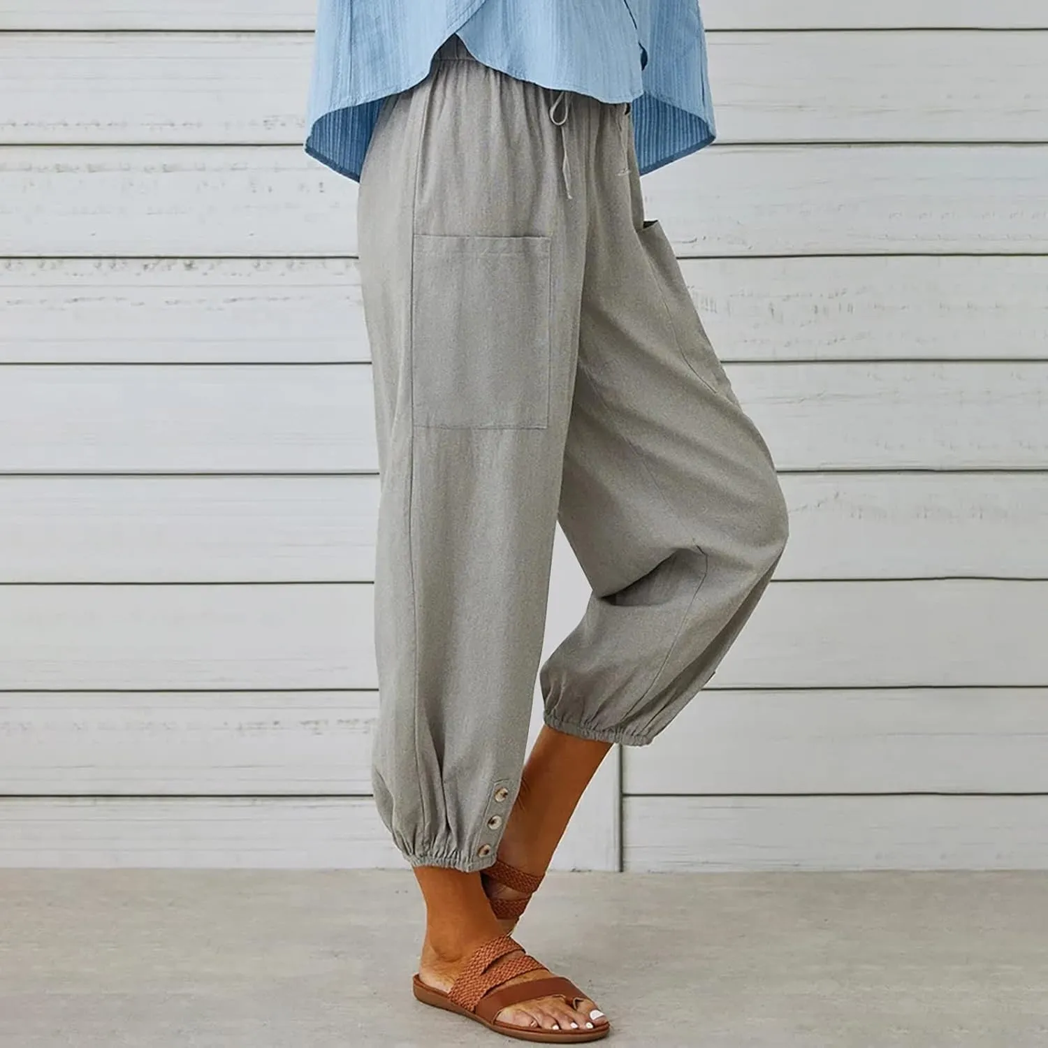 Lightweight Casual Summer Pants for Women Trendy Elastic High Waisted Cotton Linen Cropped Pant Trousers Loose Comfy