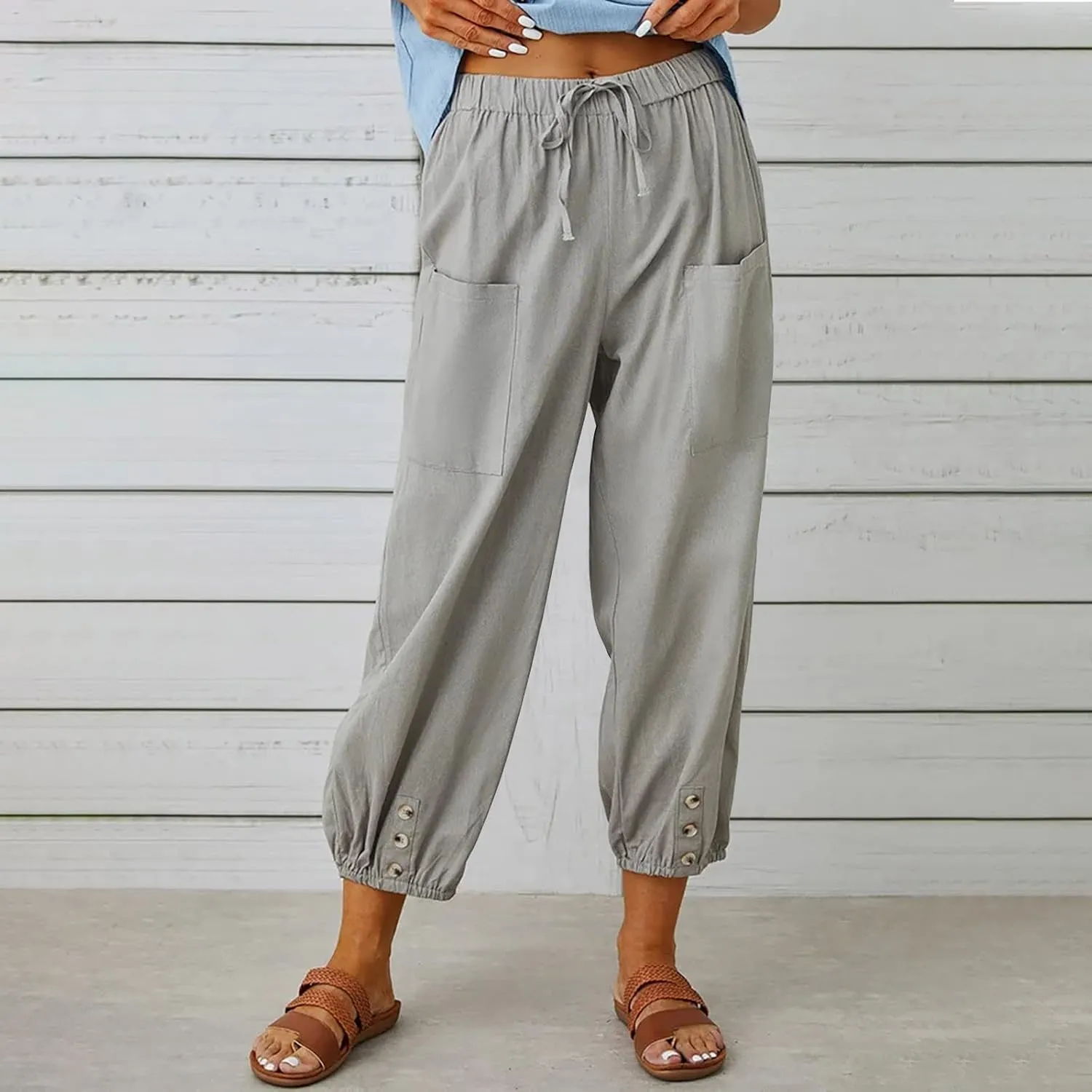 Lightweight Casual Summer Pants for Women Trendy Elastic High Waisted Cotton Linen Cropped Pant Trousers Loose Comfy