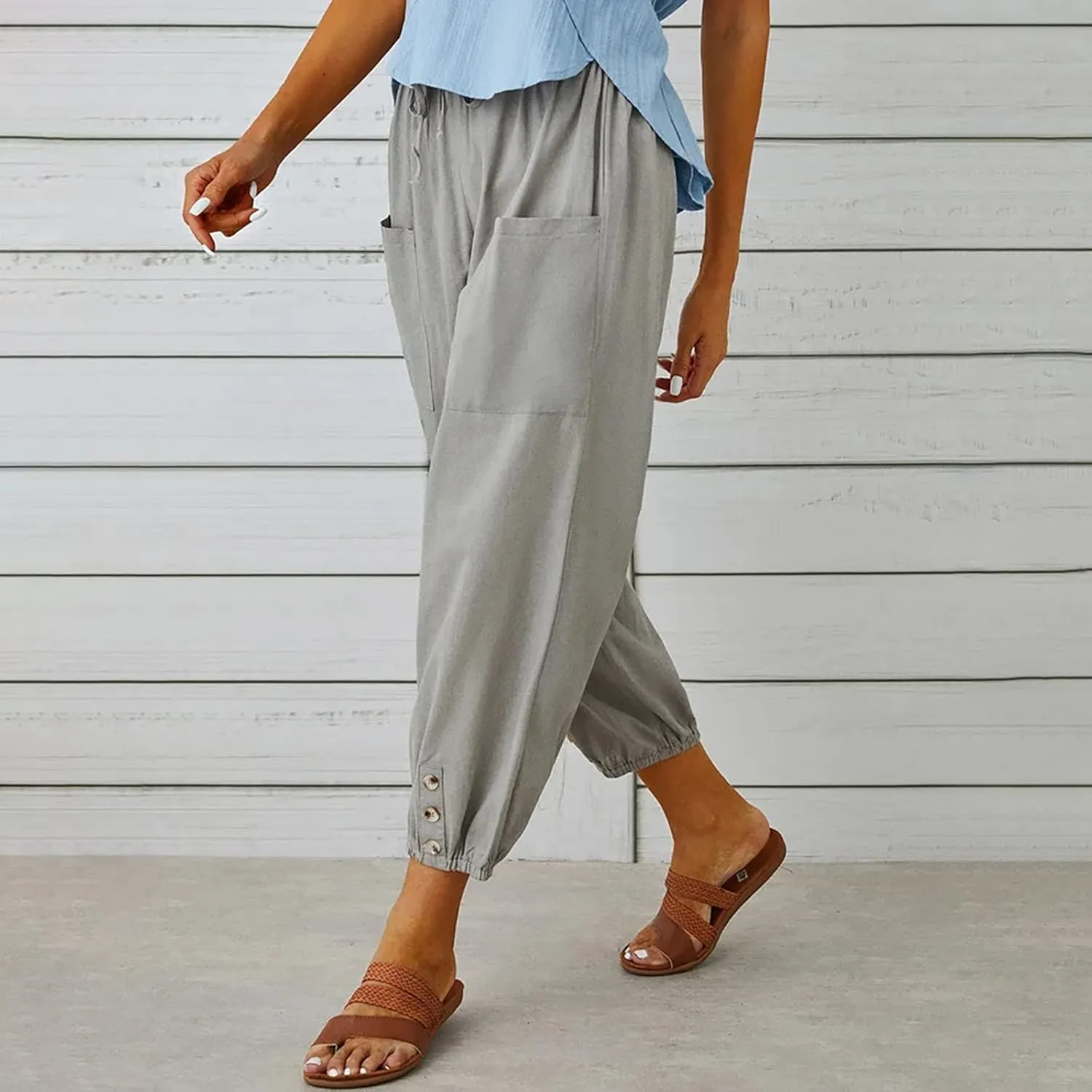 Lightweight Casual Summer Pants for Women Trendy Elastic High Waisted Cotton Linen Cropped Pant Trousers Loose Comfy