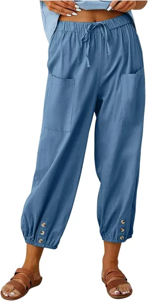 Lightweight Casual Summer Pants for Women Trendy Elastic High Waisted Cotton Linen Cropped Pant Trousers Loose Comfy