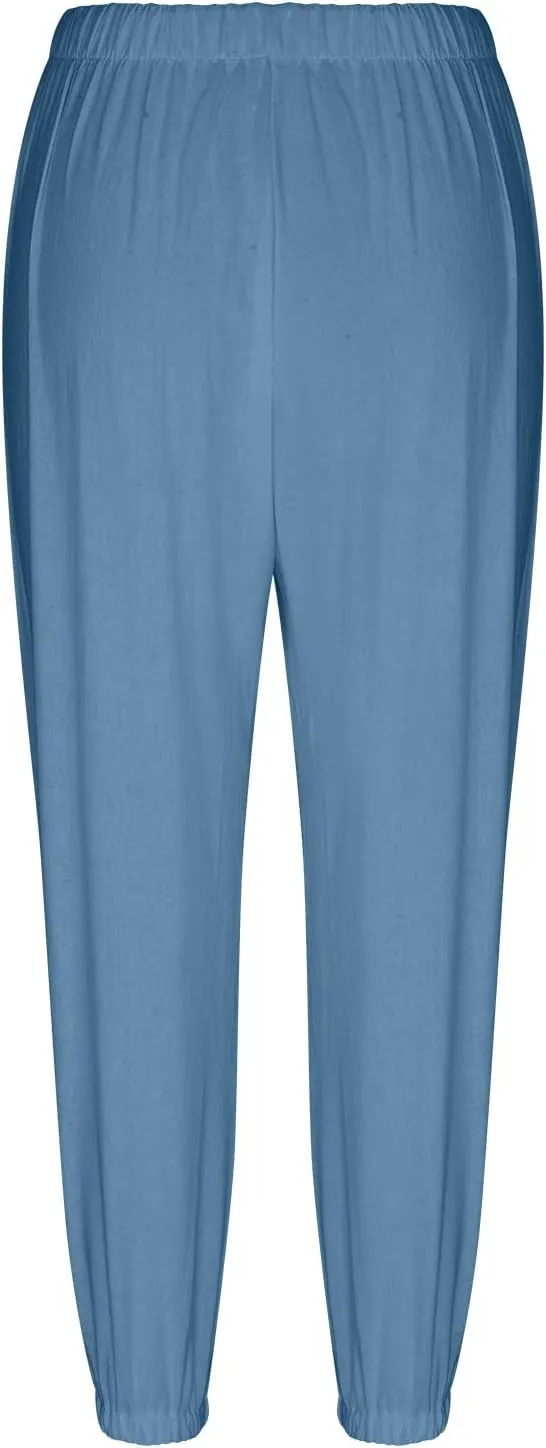 Lightweight Casual Summer Pants for Women Trendy Elastic High Waisted Cotton Linen Cropped Pant Trousers Loose Comfy