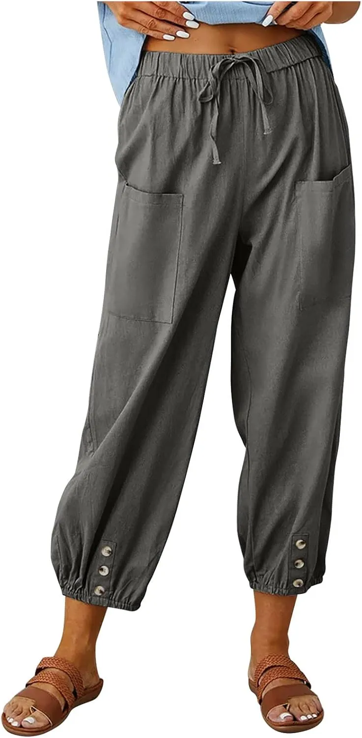 Lightweight Casual Summer Pants for Women Trendy Elastic High Waisted Cotton Linen Cropped Pant Trousers Loose Comfy