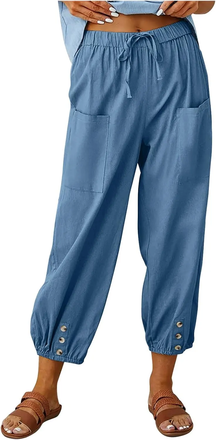 Lightweight Casual Summer Pants for Women Trendy Elastic High Waisted Cotton Linen Cropped Pant Trousers Loose Comfy