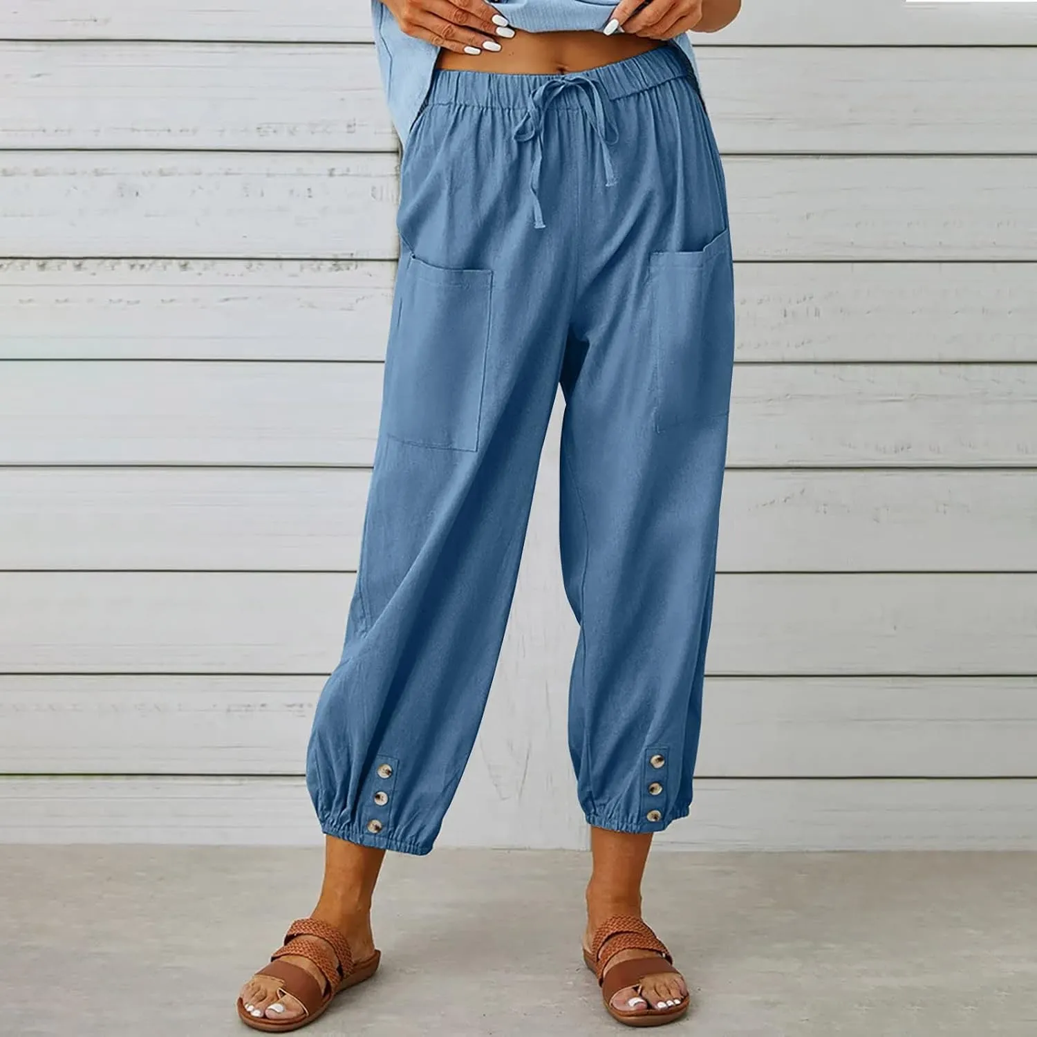 Lightweight Casual Summer Pants for Women Trendy Elastic High Waisted Cotton Linen Cropped Pant Trousers Loose Comfy