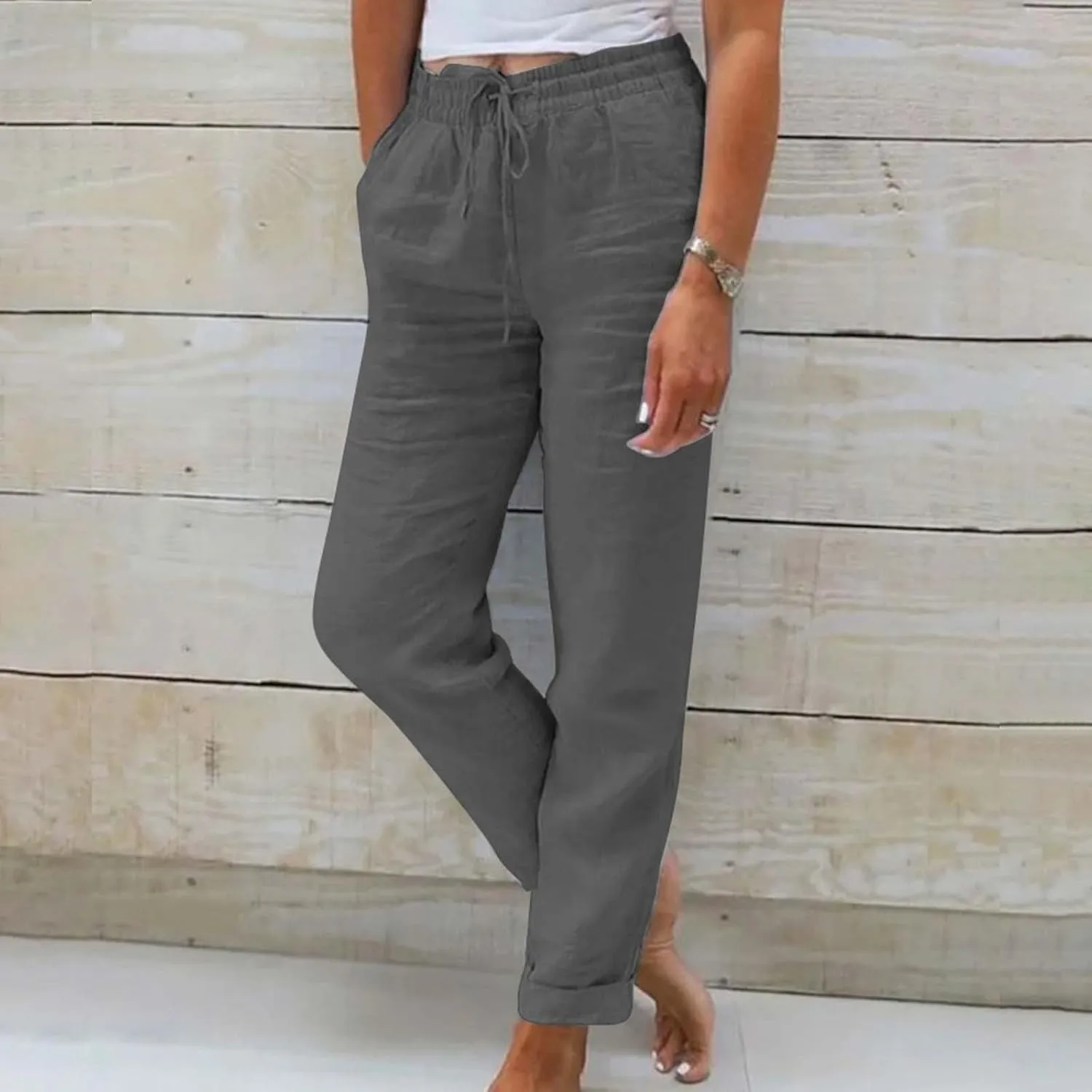 Linen Pants for Women 2025 Loose Fit Drawstring Straight Leg Gauze Pant Lightweight Lounge Beach Vacation Trousers