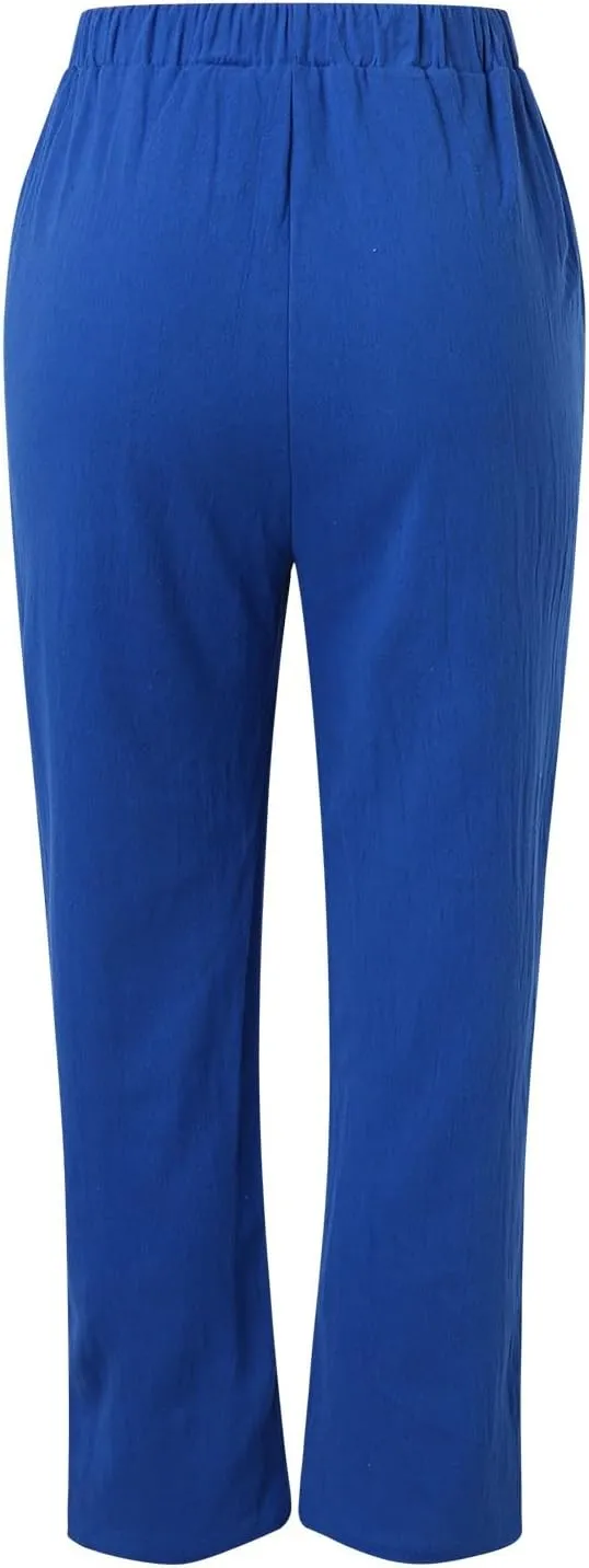 Linen Pants for Women 2025 Plus Size Trendy Spring Summer Gauze Pants Casual Elastic Waist Comfy Trousers Palazzo Capris