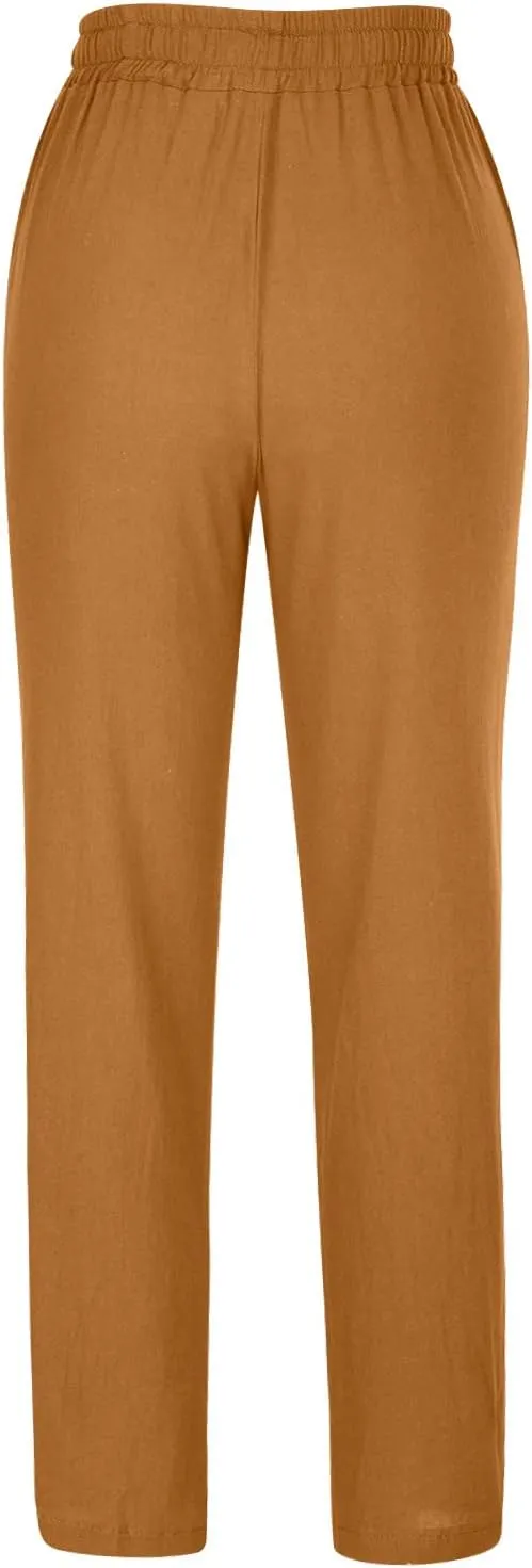 Linen Pants for Women Summer Lightweight Drawstring Elastic Waist Pants Loose Comfy Wide Leg Trousers with Pockets
