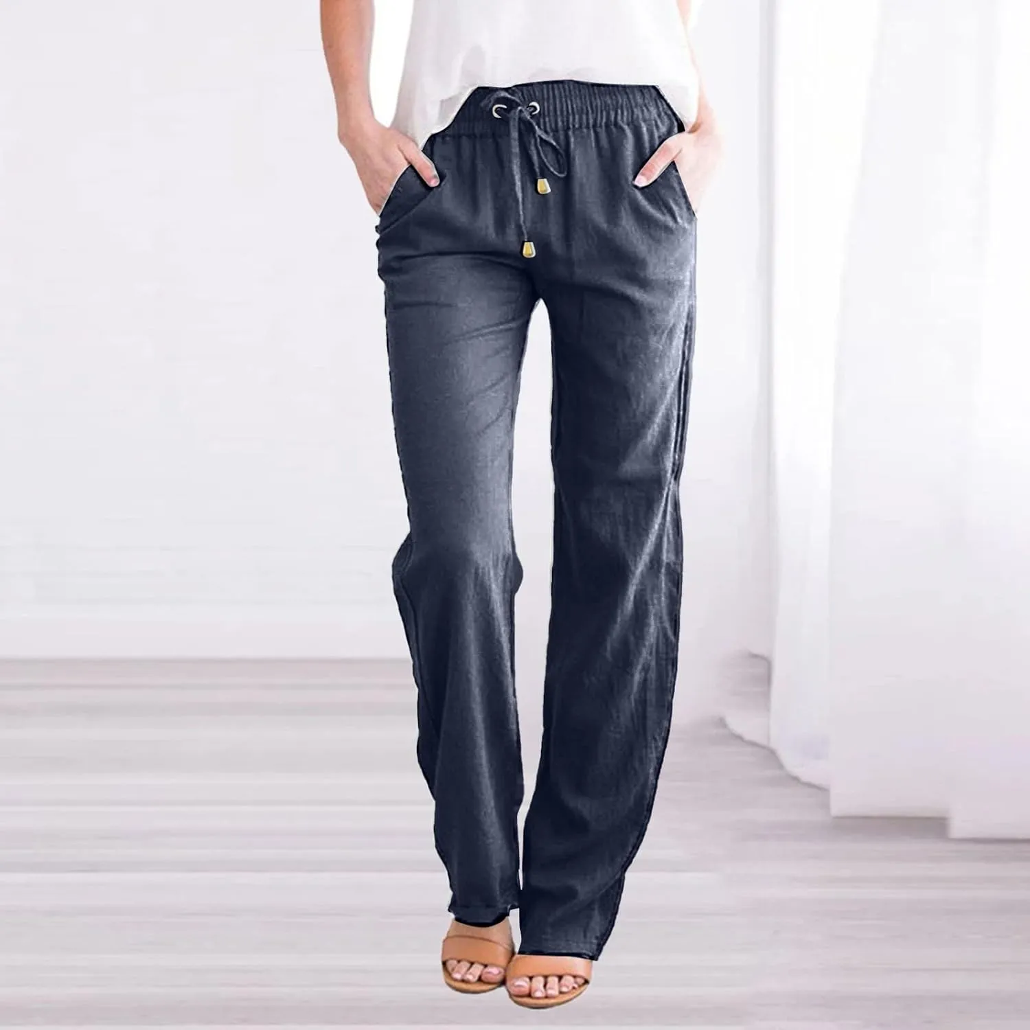 Linen Pants for Women Summer Lightweight Drawstring Elastic Waist Pants Loose Comfy Wide Leg Trousers with Pockets
